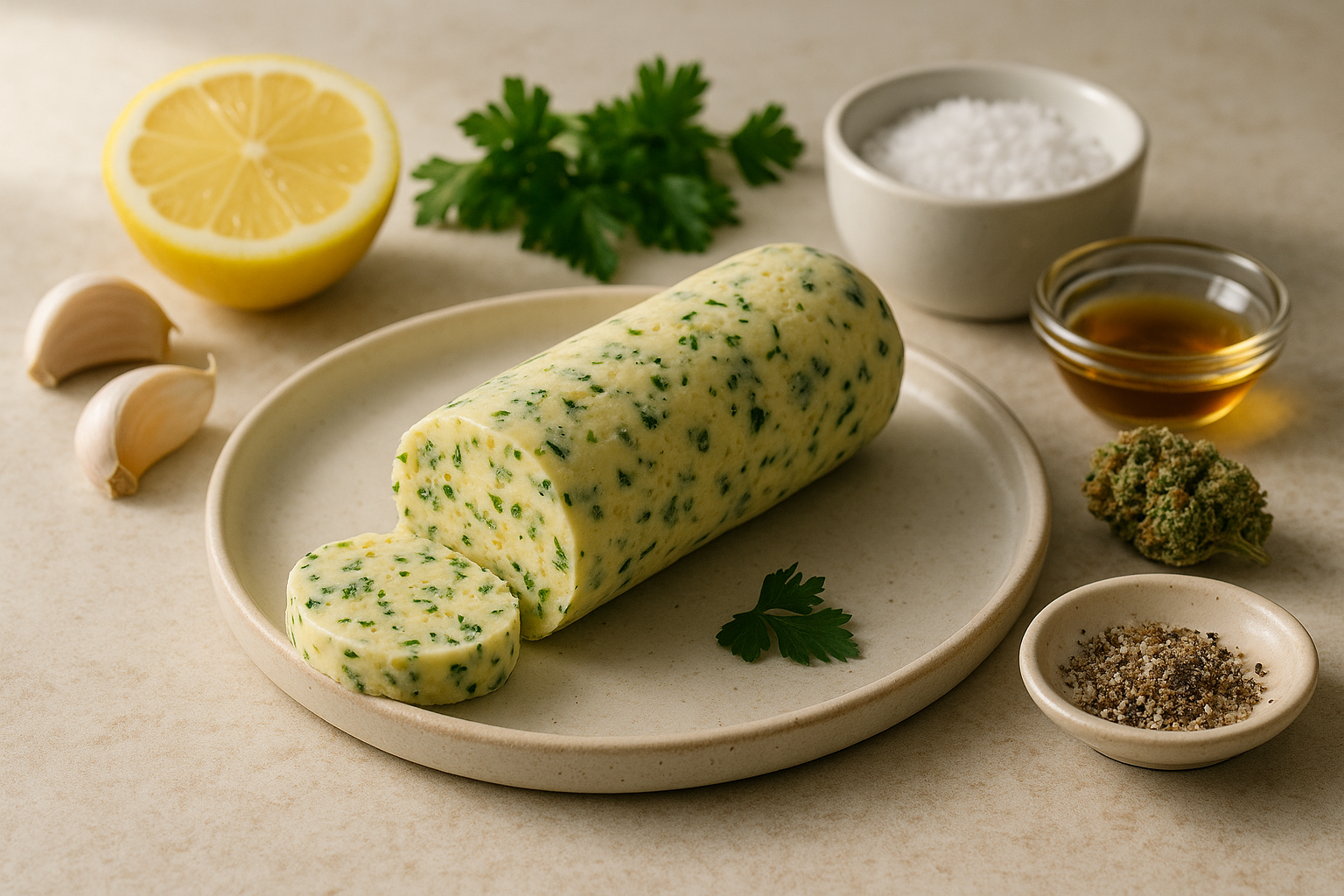 Medicated garlic butter in a small ramekin with garlic, parsley, lemon, and toasted bread nearby