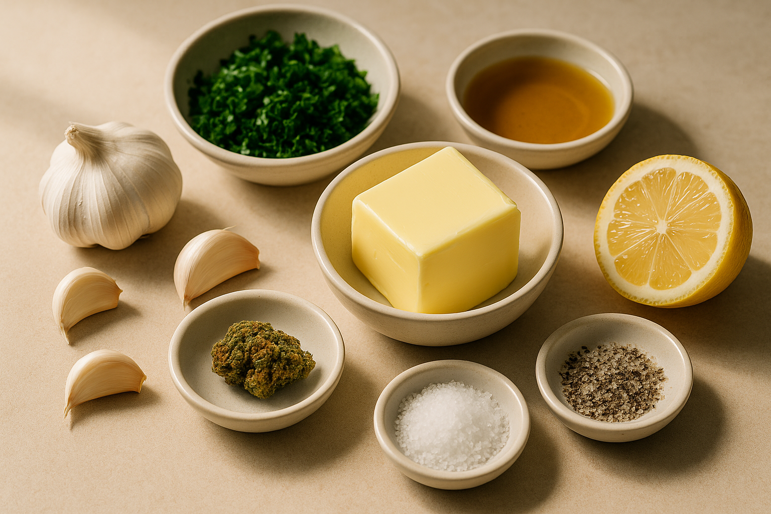 Ingredients for medicated garlic butter including butter, garlic, parsley, lemon, salt, strained cannabis flower, concentrate, and tincture options