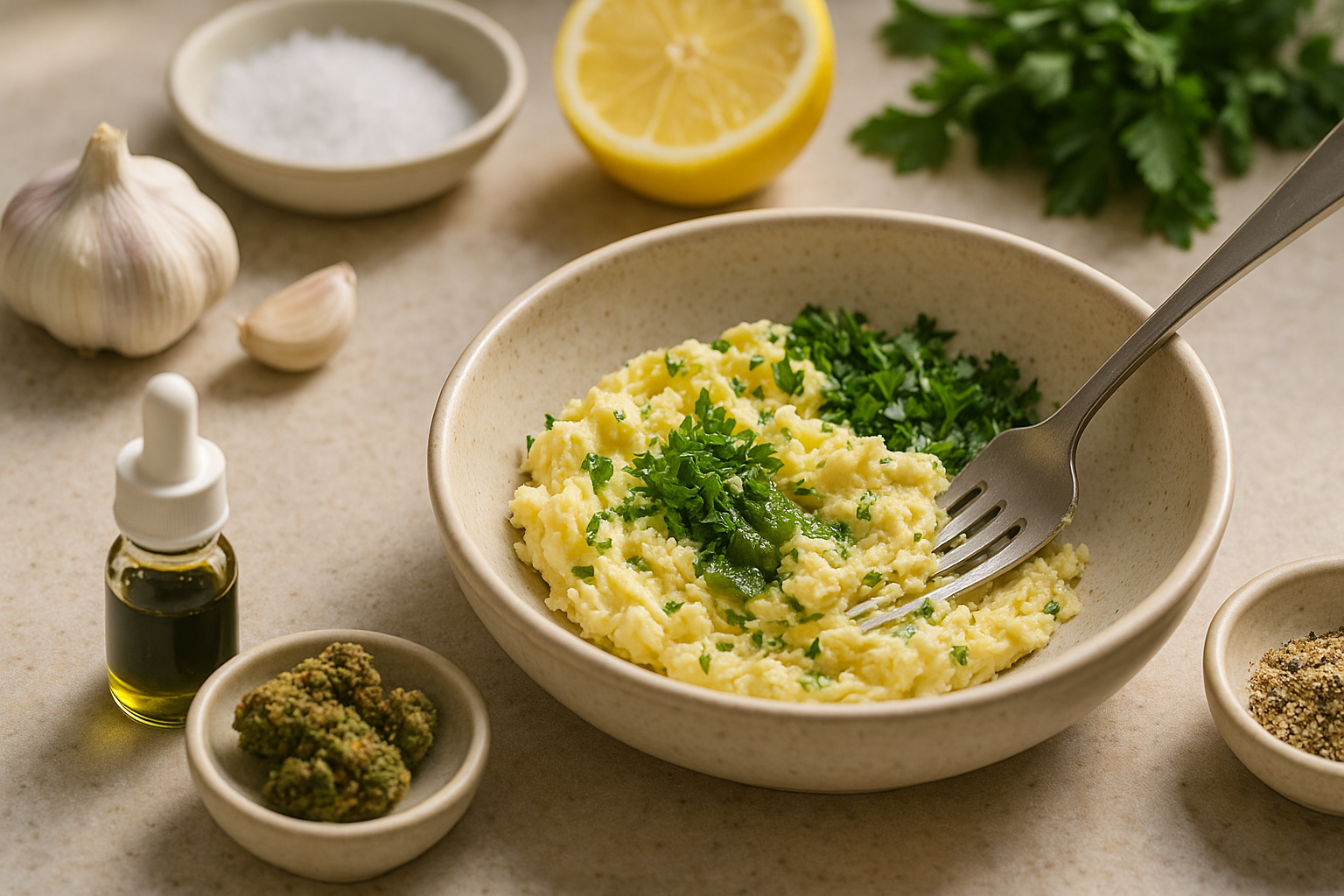 Medicated garlic butter being stirred with minced garlic and herbs in a small bowl