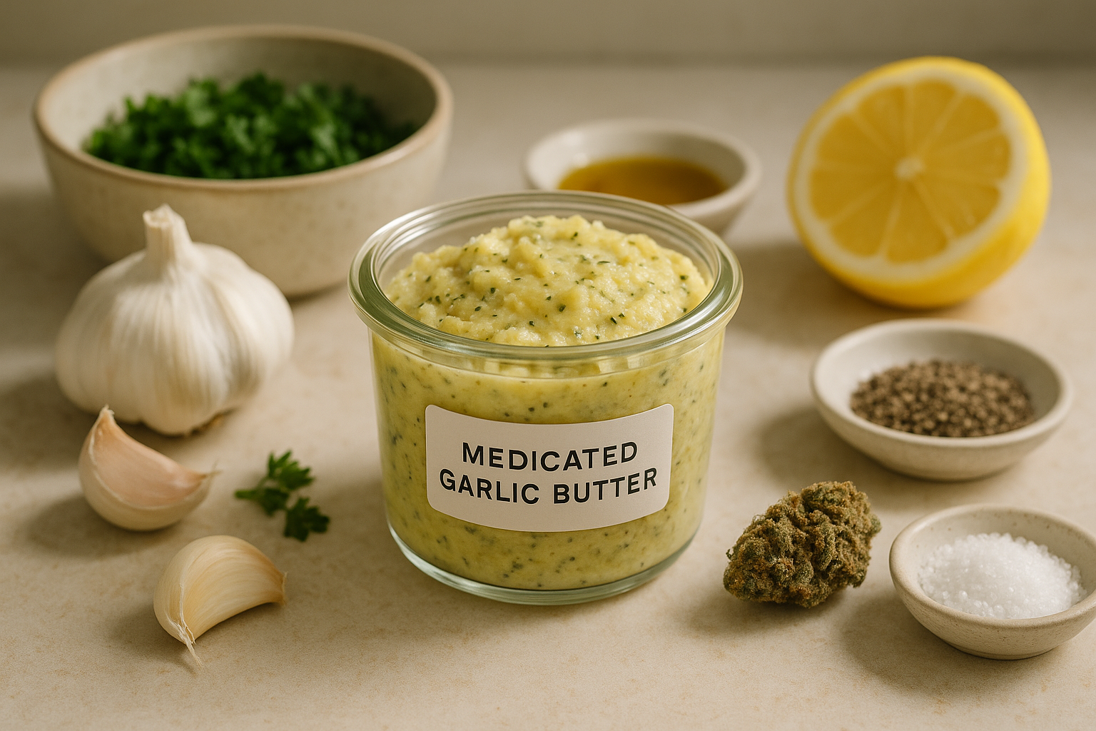 Medicated garlic butter stored in a labeled container with date and estimated cannabinoids per tablespoon