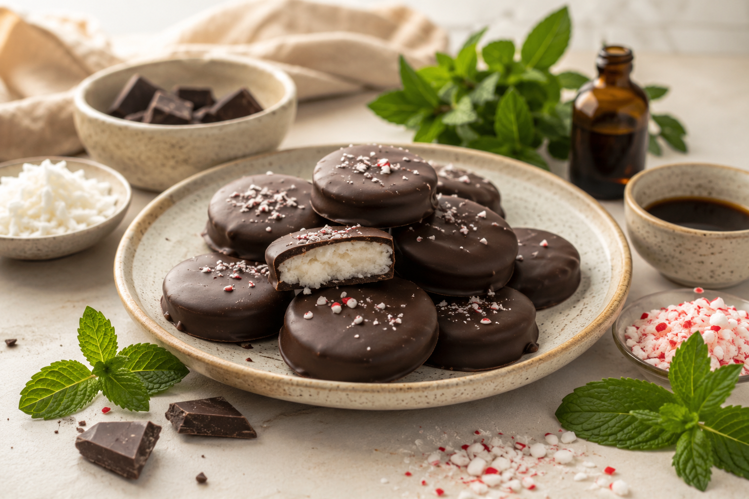 Cannabis peppermint patties stored in a clearly labeled container with a serving plate nearby