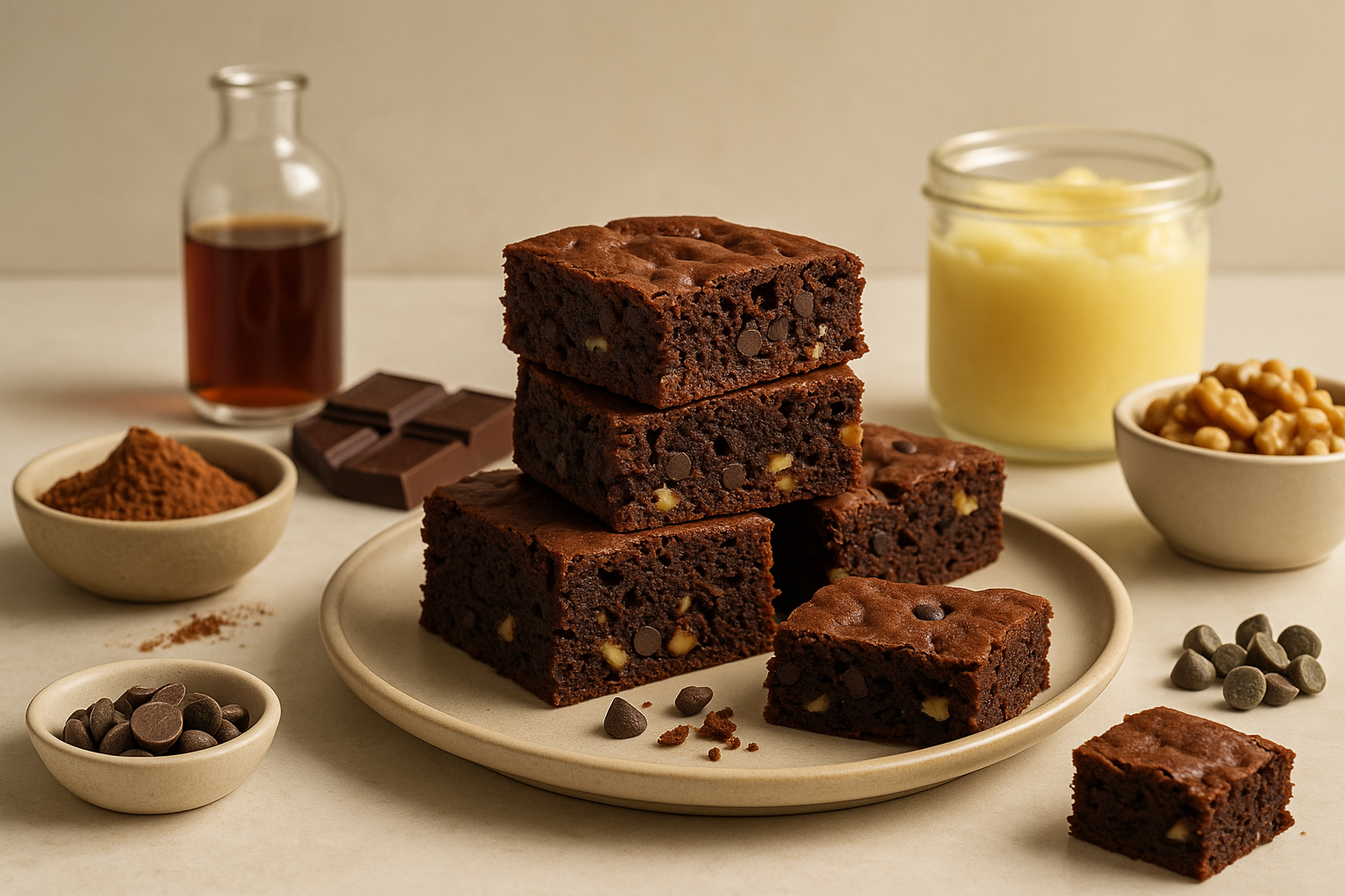 Cannabis brownies cut into even squares on a ceramic plate with cocoa and chocolate nearby