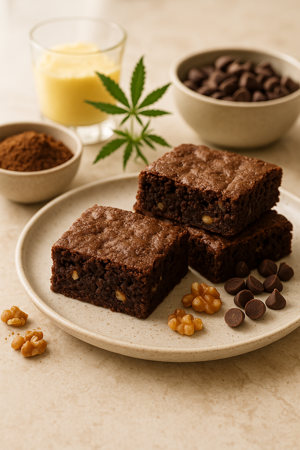 Finished cannabis brownies cut into twelve equal squares with optional chocolate chips on top