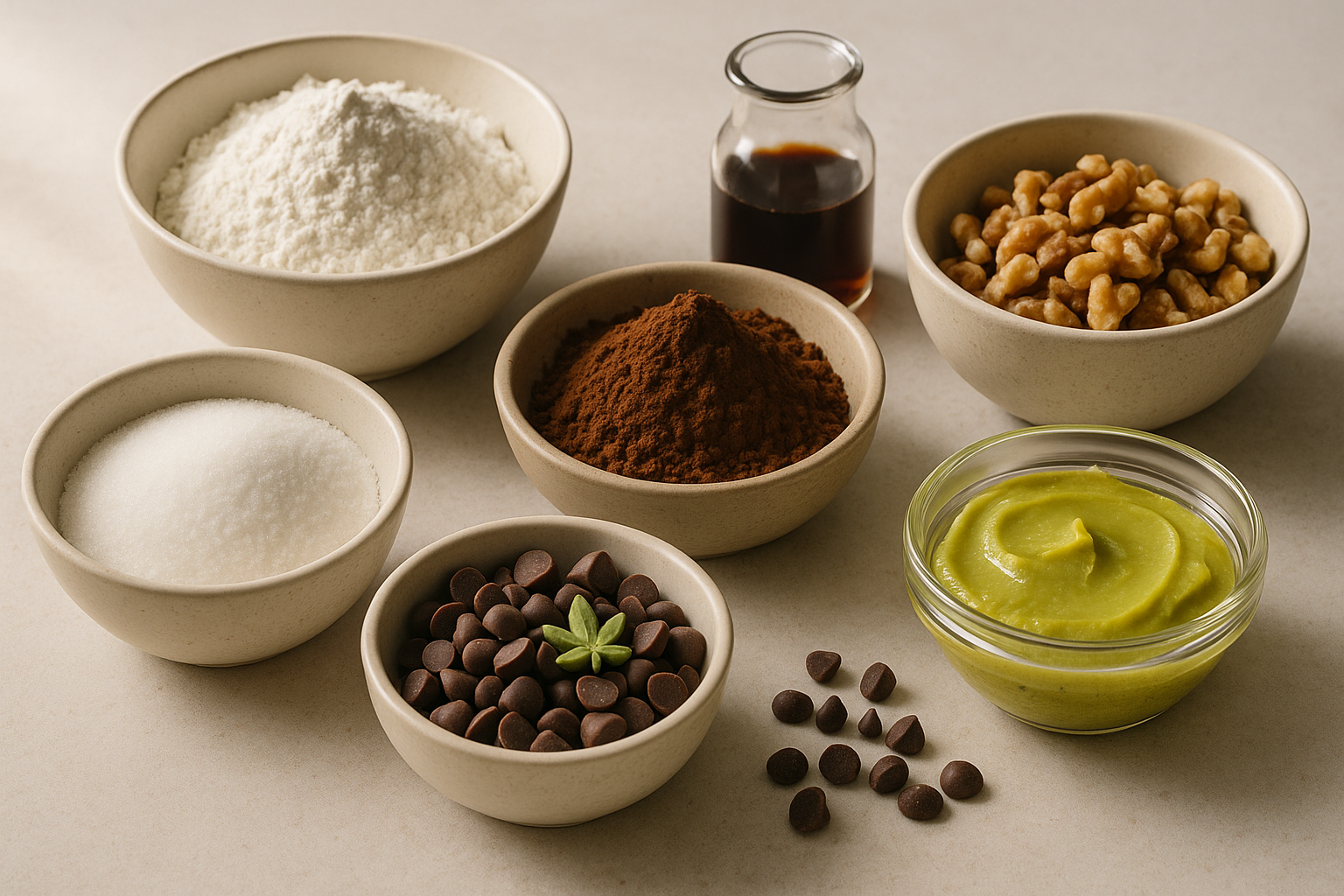 Ingredients for cannabis brownies including cocoa powder, flour, eggs, sugar, chocolate, infused butter, and optional nuts
