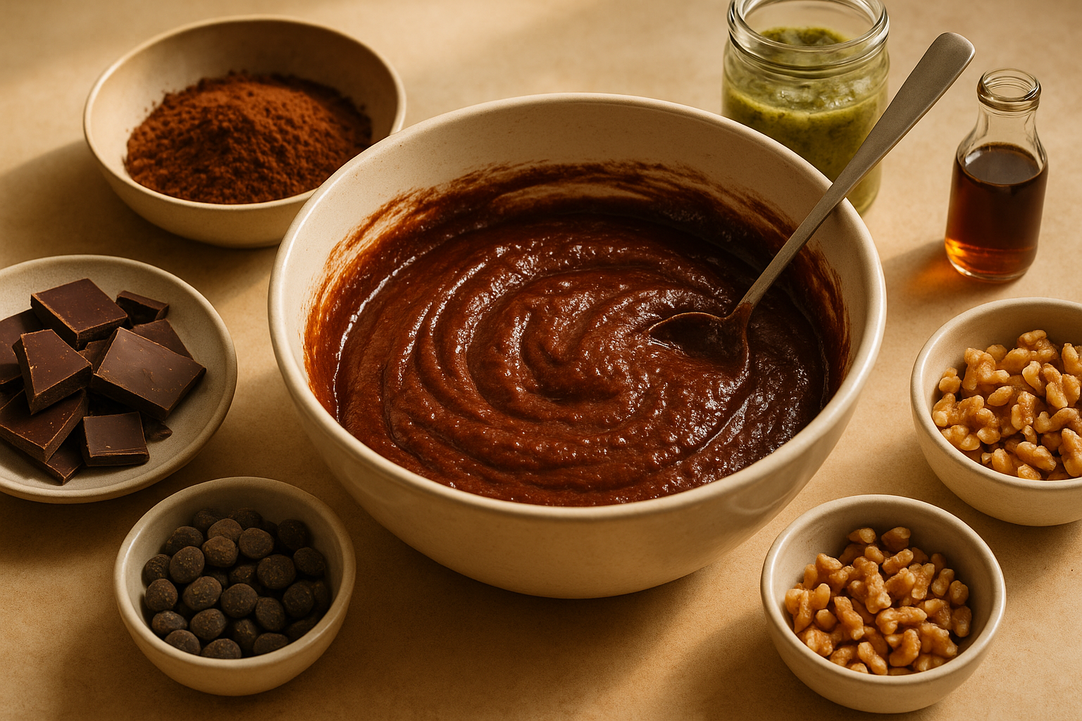Cannabis brownie batter being spread into a parchment lined pan before baking