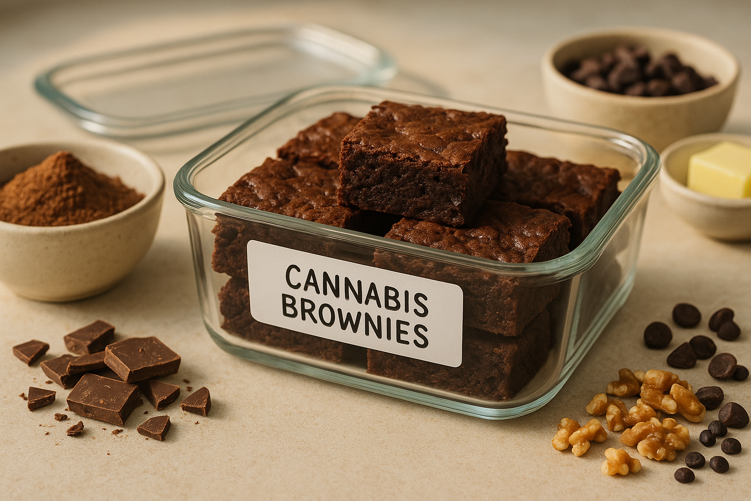 Cannabis brownies stored in a labeled container with estimated dose per square