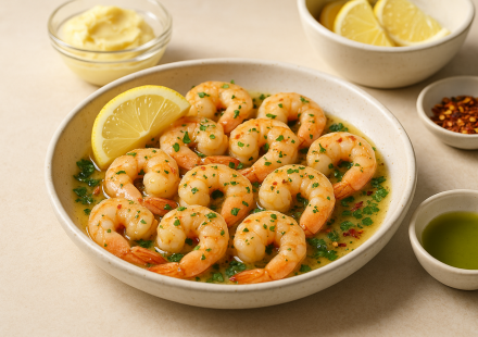 15 minute cannabis garlic butter shrimp finished recipe styled as the emotional anchor with warm editorial food photography