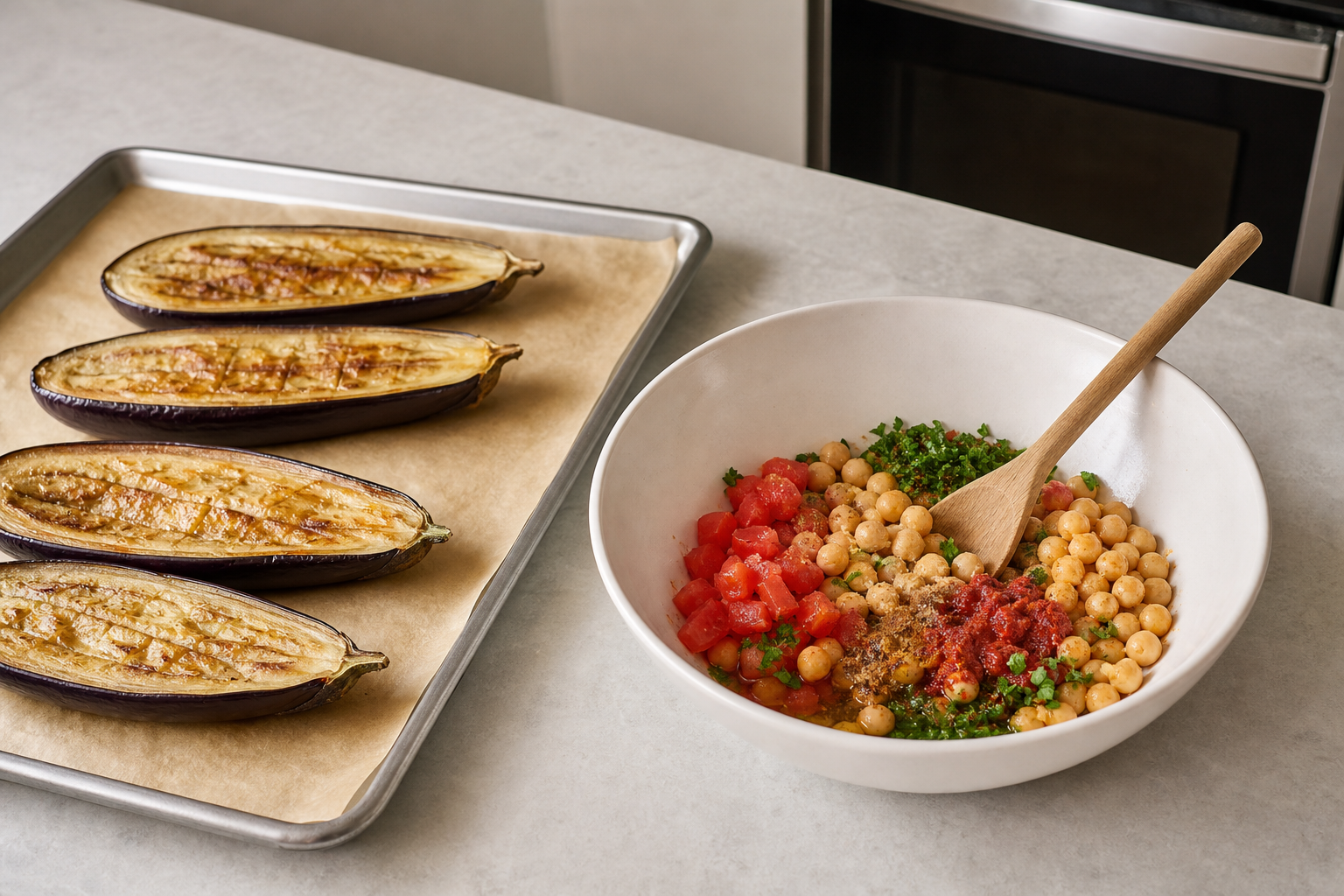 Key preparation step for cannabis harissa chickpea stuffed eggplant