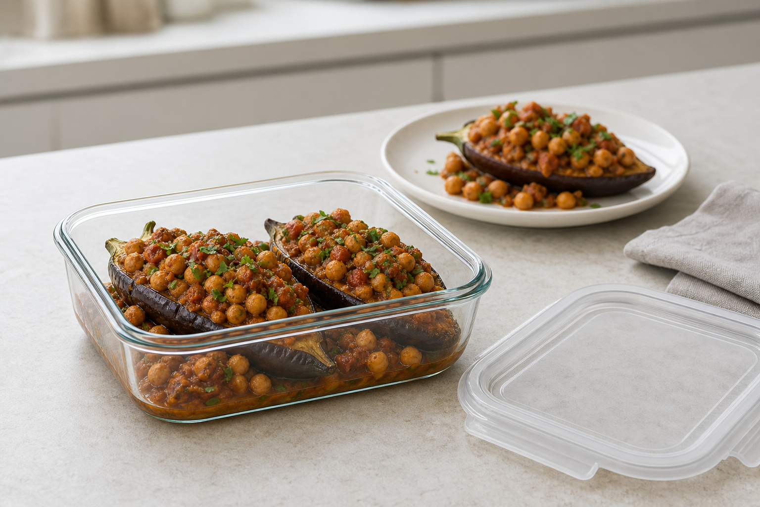 Labeled storage setup for cannabis harissa chickpea stuffed eggplant