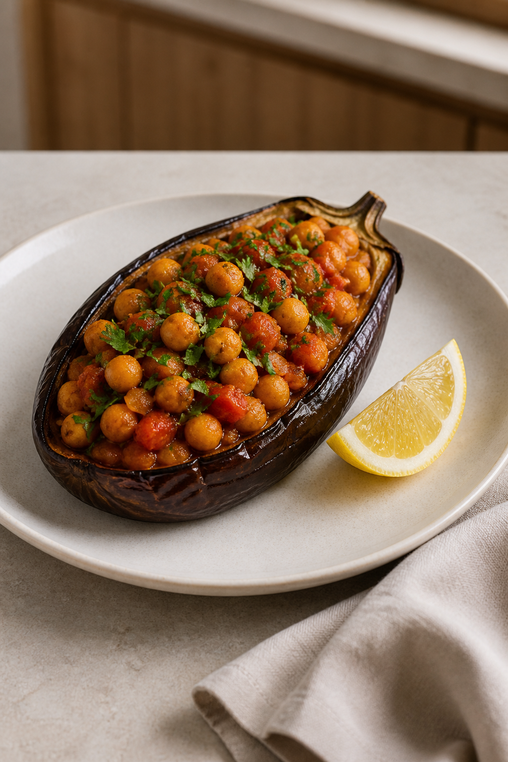 Completed cannabis harissa chickpea stuffed eggplant in equal portions