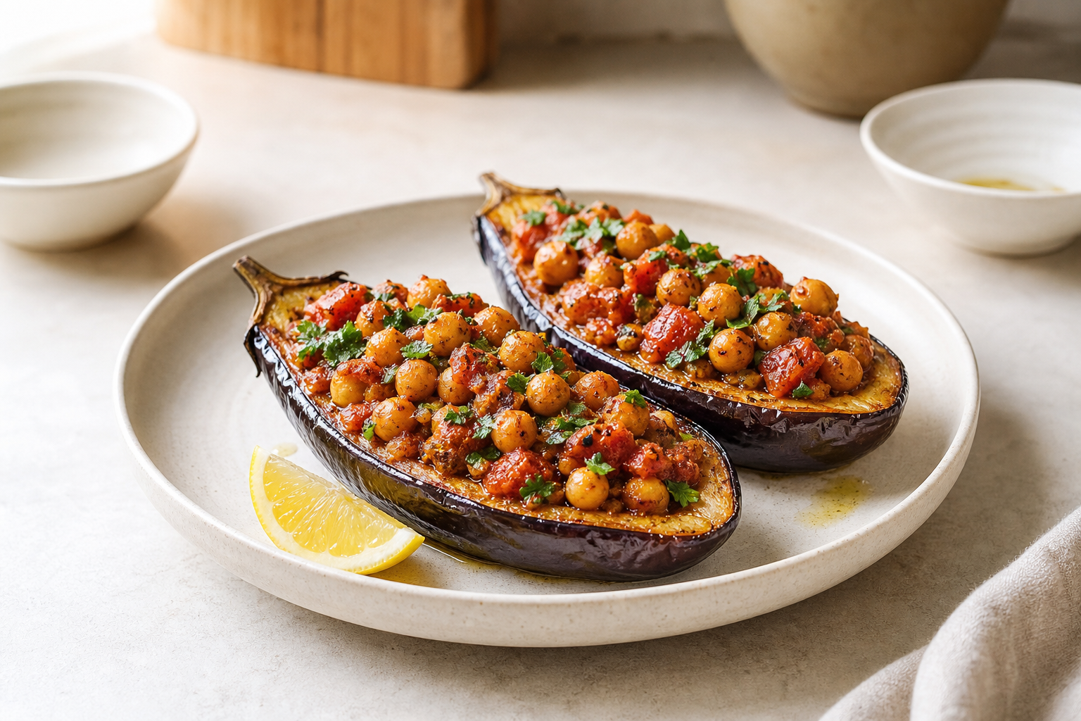 Finished cannabis harissa chickpea stuffed eggplant divided into clear servings
