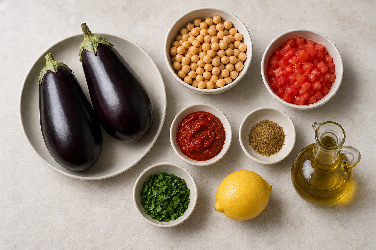 Measured ingredients for cannabis harissa chickpea stuffed eggplant including eggplant, chickpea, tomato, harissa