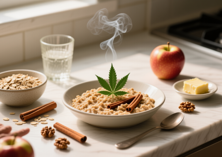 cannabis apple cinnamon oatmeal finished recipe styled as the emotional anchor with warm editorial food photography