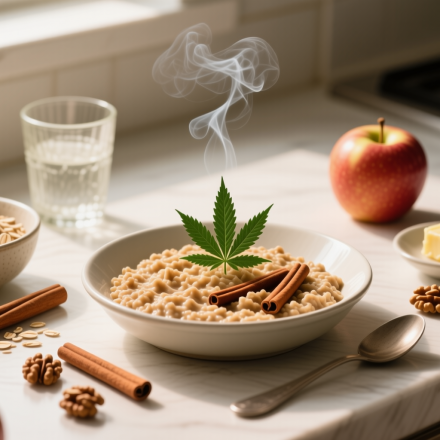 cannabis apple cinnamon oatmeal finished recipe styled as the emotional anchor with warm editorial food photography