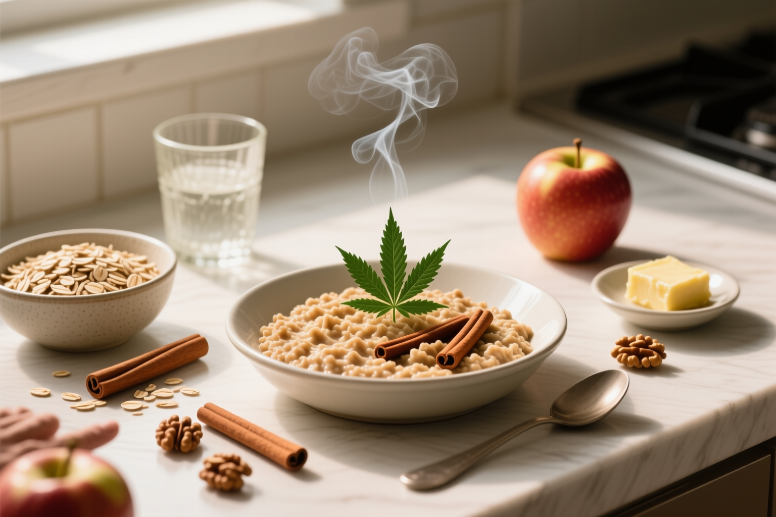 Cannabis-Infused Hearty Apple Cinnamon Oatmeal finished and portioned for measured serving