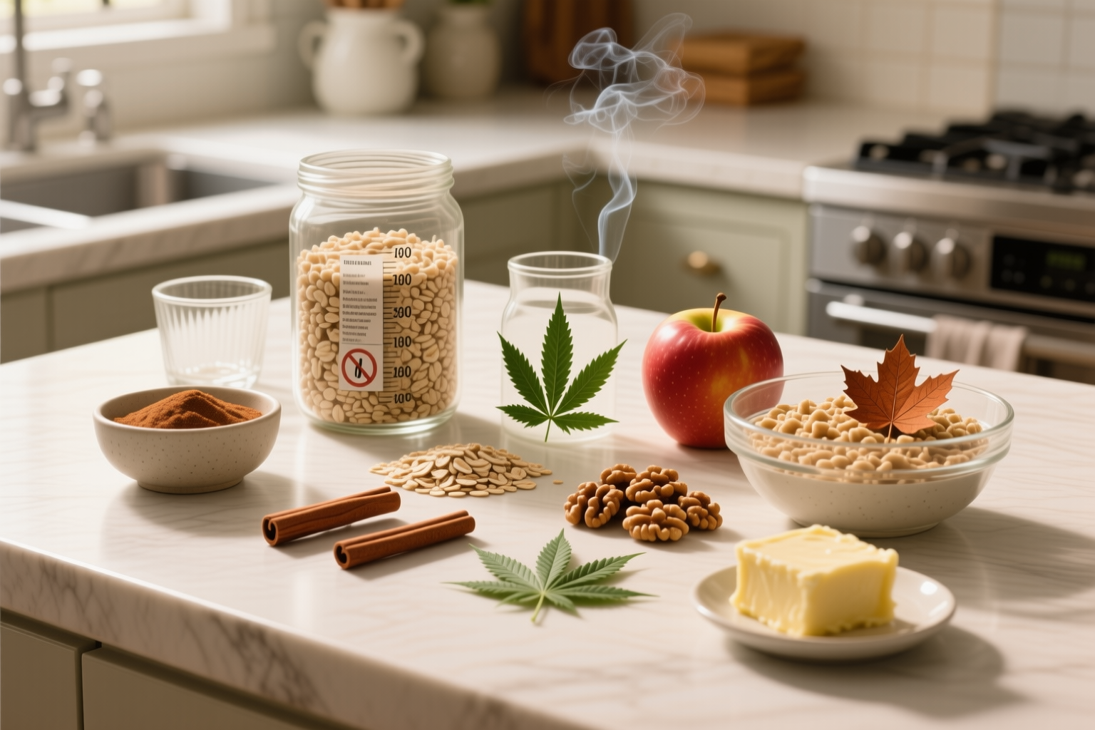 Ingredients for Cannabis-Infused Hearty Apple Cinnamon Oatmeal including oats, apple, cinnamon, maple, walnuts, infused butter