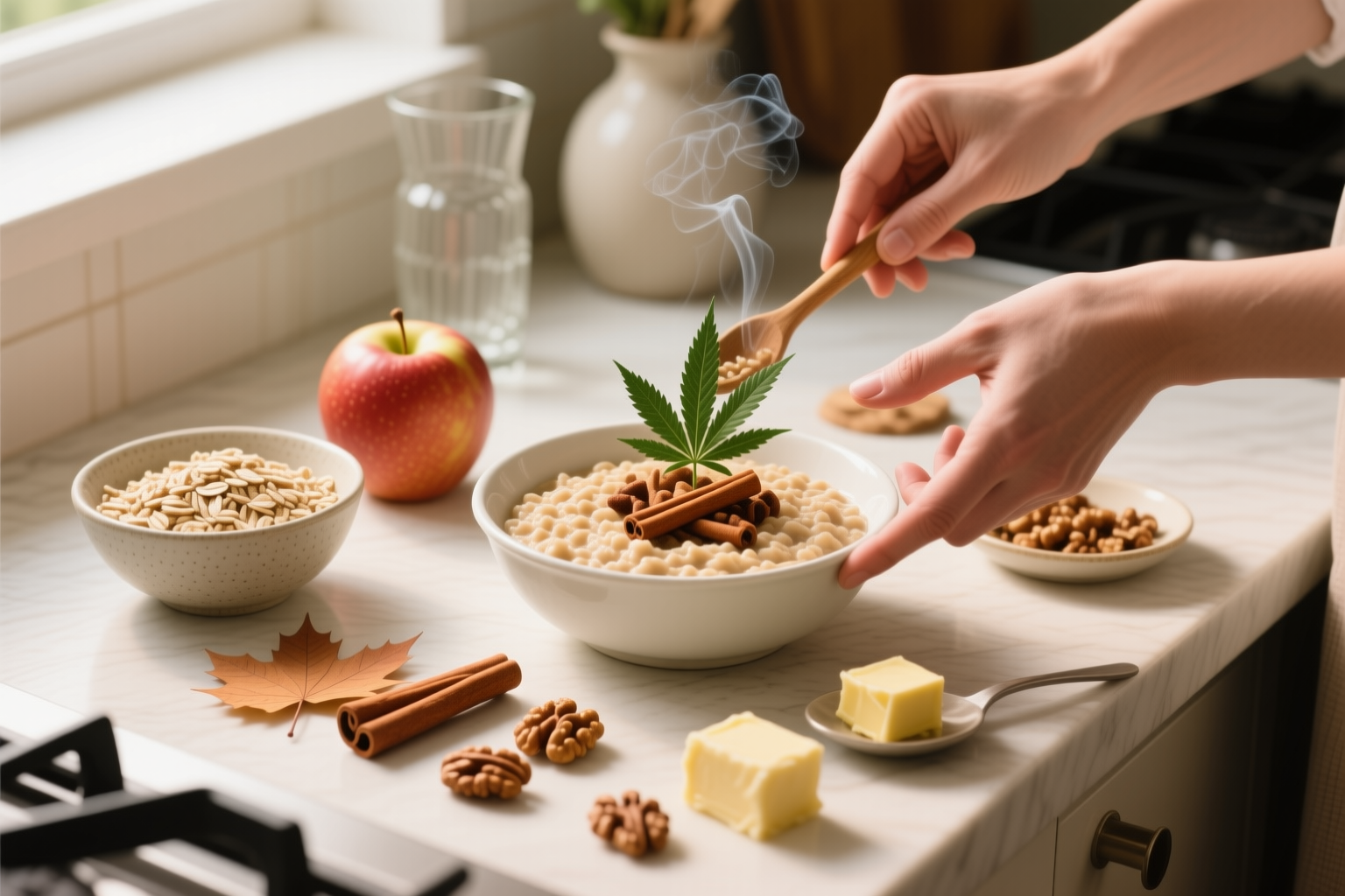 Preparing Cannabis-Infused Hearty Apple Cinnamon Oatmeal with a measured infused ingredient