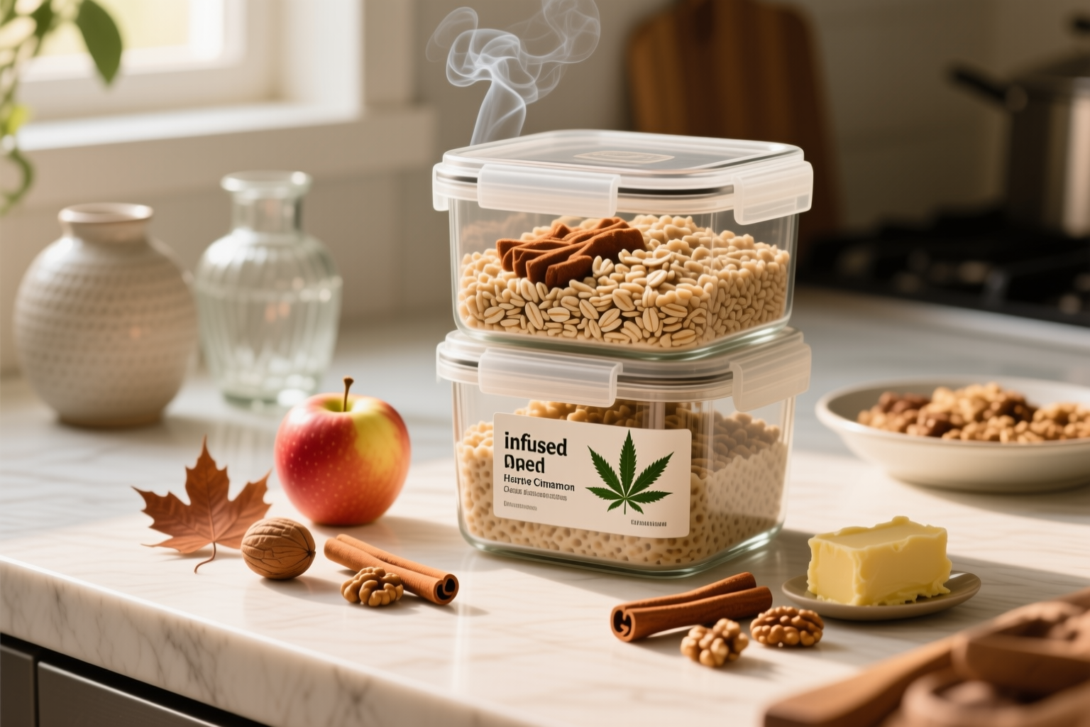 Cannabis-Infused Hearty Apple Cinnamon Oatmeal stored in a clearly labeled container