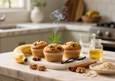 cannabis banana nut muffins finished recipe styled as the emotional anchor with warm editorial food photography