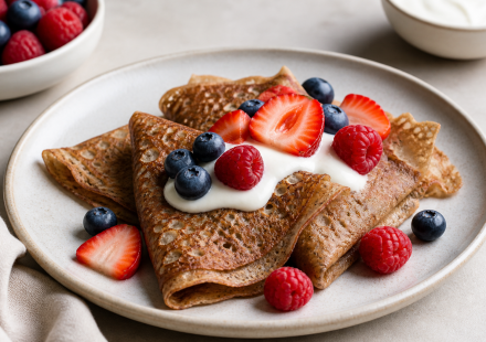 cannabis buckwheat berry crepes finished recipe styled as the emotional anchor with warm editorial food photography