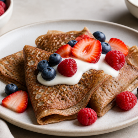 cannabis buckwheat berry crepes finished recipe styled as the emotional anchor with warm editorial food photography