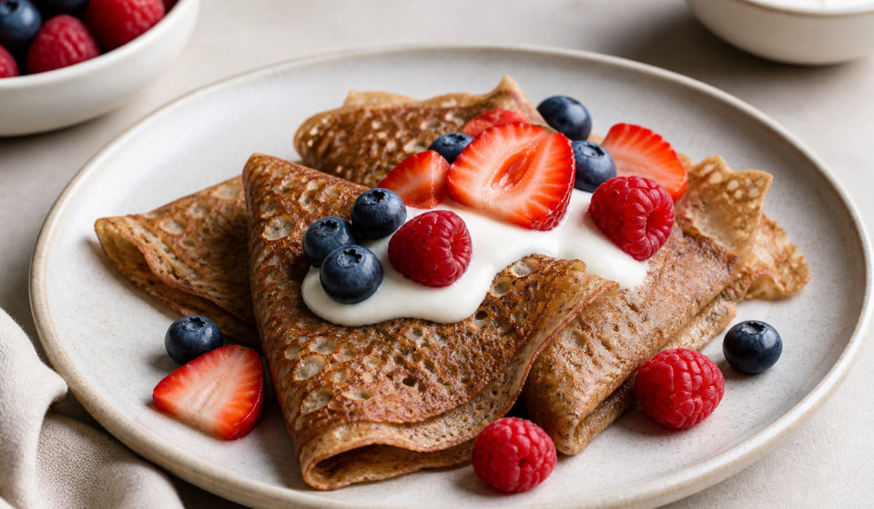 cannabis buckwheat berry crepes finished recipe styled as the emotional anchor with warm editorial food photography