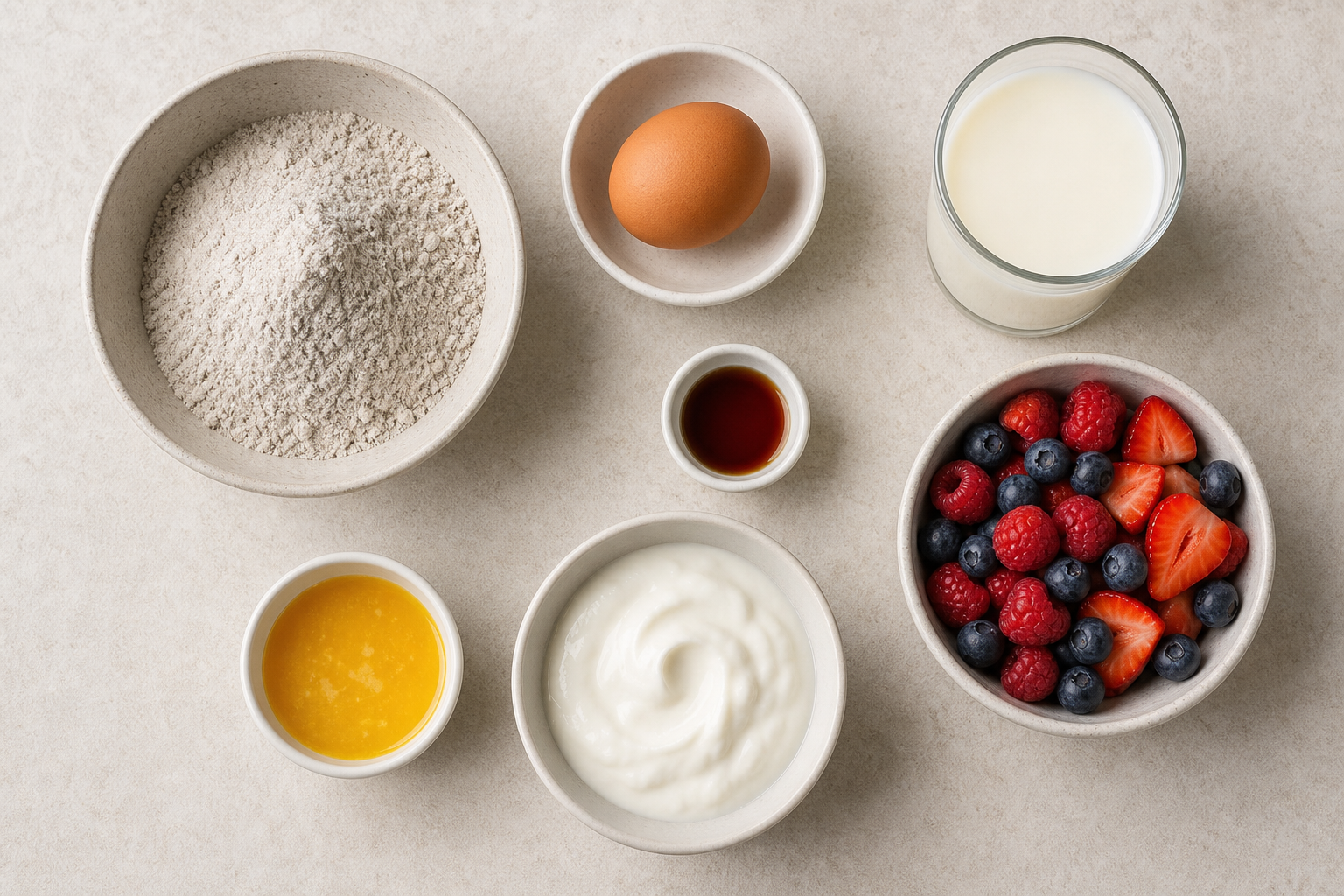 Measured ingredients for cannabis buckwheat berry crepes including buckwheat flour, egg, milk, vanilla