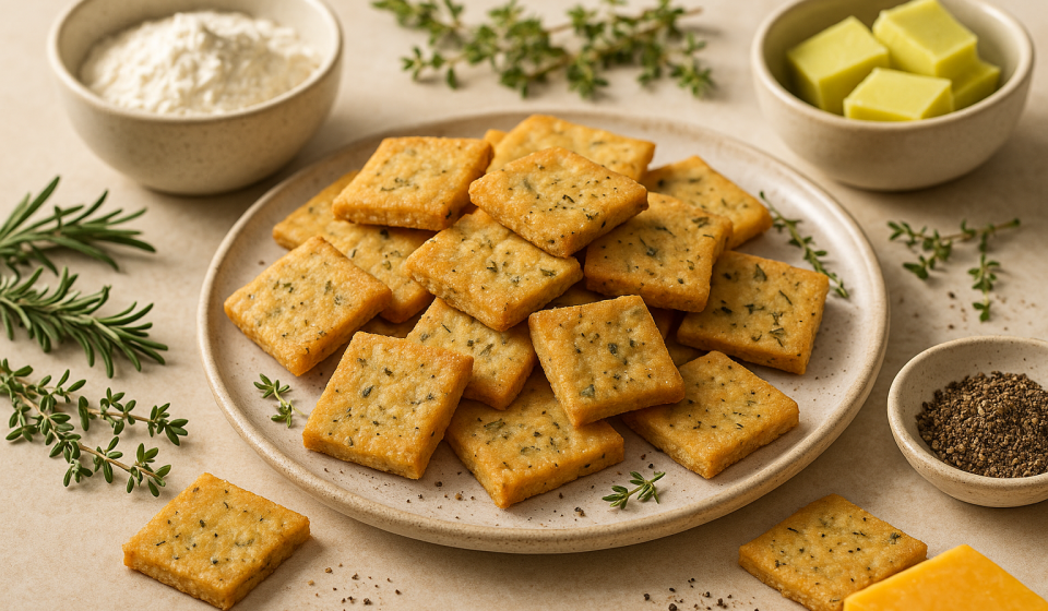 cannabis cheddar herb crackers finished recipe styled as the emotional anchor with warm editorial food photography