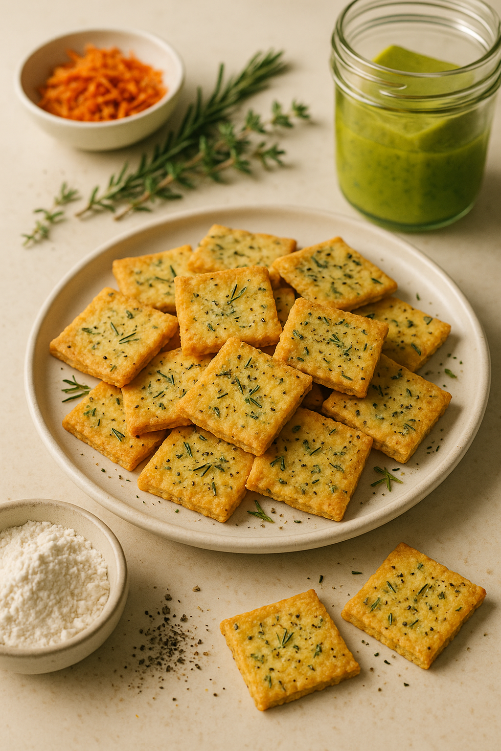 Finished Cannabis-Infused Cheddar Herb Crackers divided into clear servings