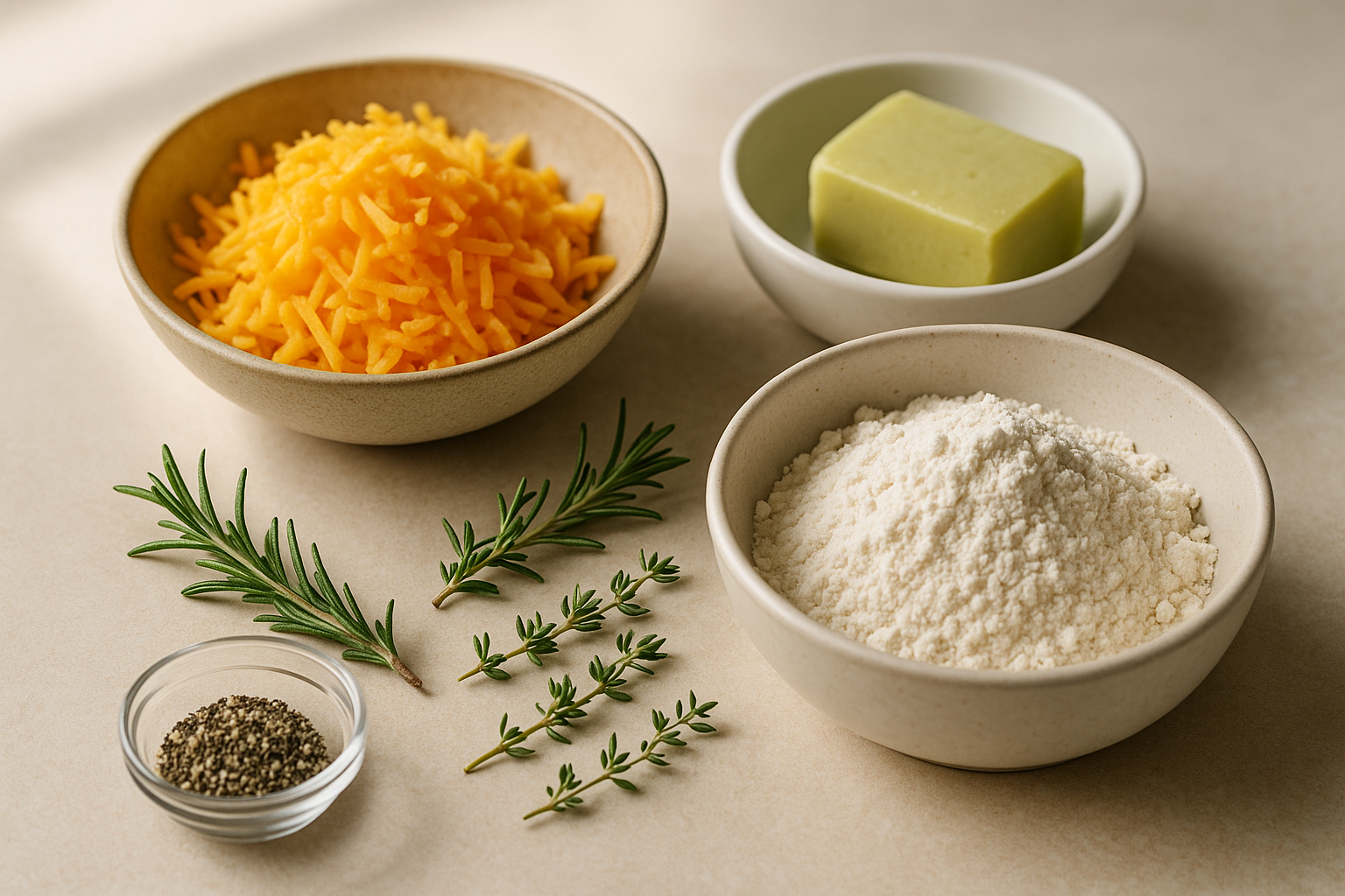 Ingredients for Cannabis-Infused Cheddar Herb Crackers including cheddar, rosemary, thyme, black pepper, flour, infused butter