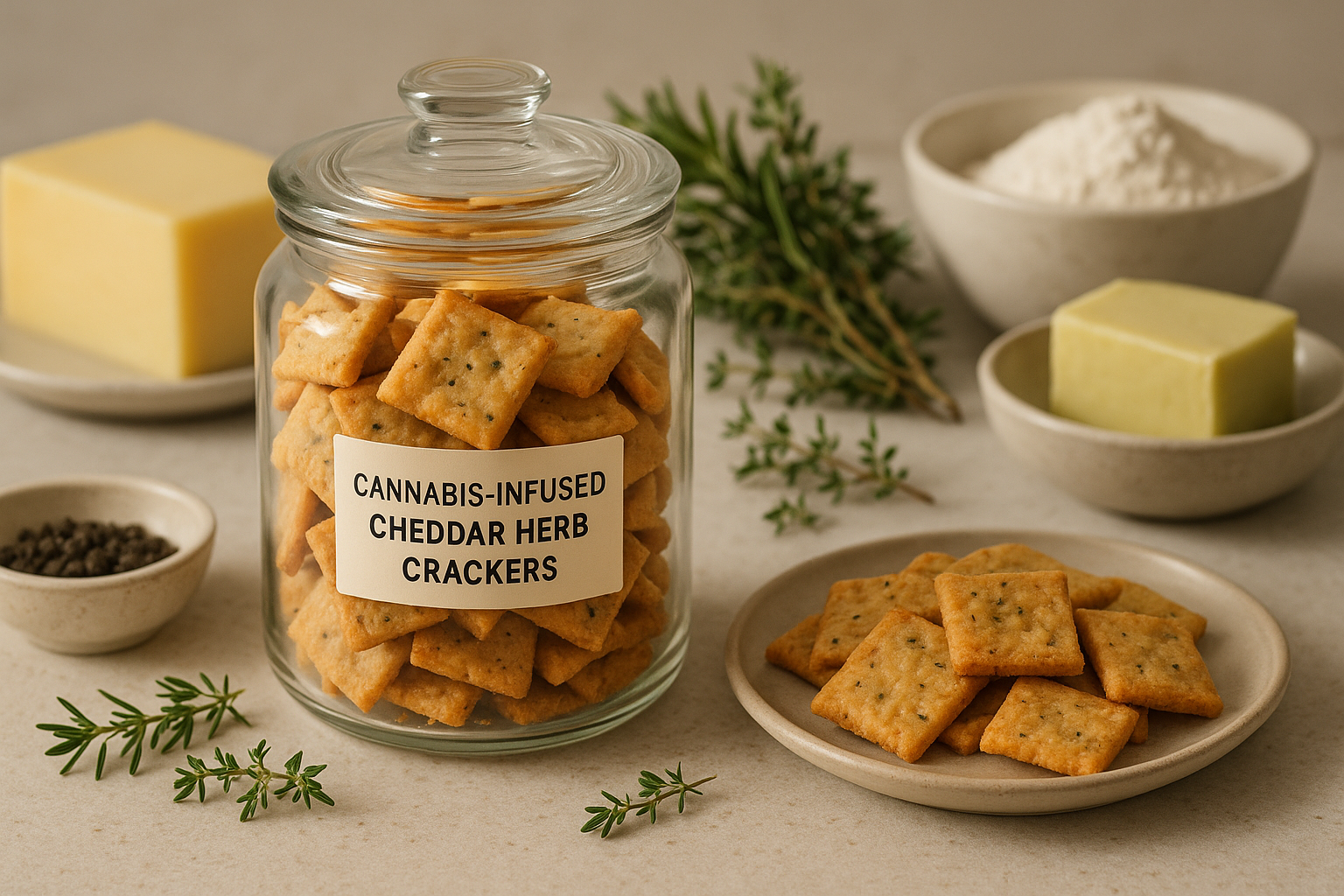 Cannabis-Infused Cheddar Herb Crackers stored in a clearly labeled container