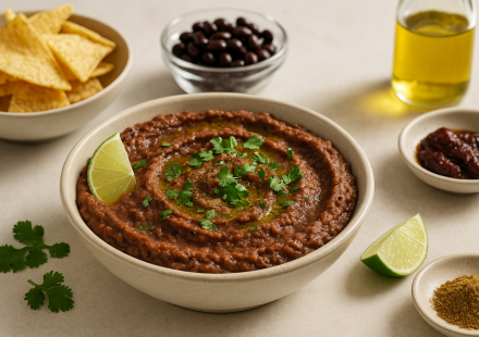 cannabis chipotle bean dip finished recipe styled as the emotional anchor with warm editorial food photography