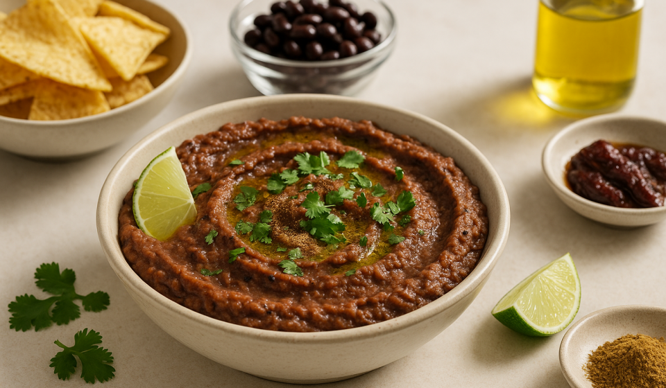 cannabis chipotle bean dip finished recipe styled as the emotional anchor with warm editorial food photography