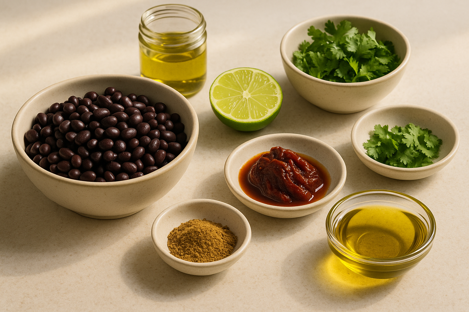 Ingredients for Cannabis-Infused Smoky Chipotle Bean Dip including black beans, chipotle, lime, cumin, cilantro, infused olive oil