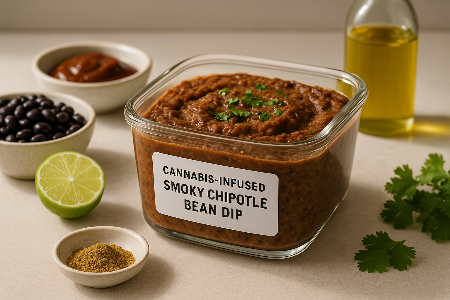 Cannabis-Infused Smoky Chipotle Bean Dip stored in a clearly labeled container