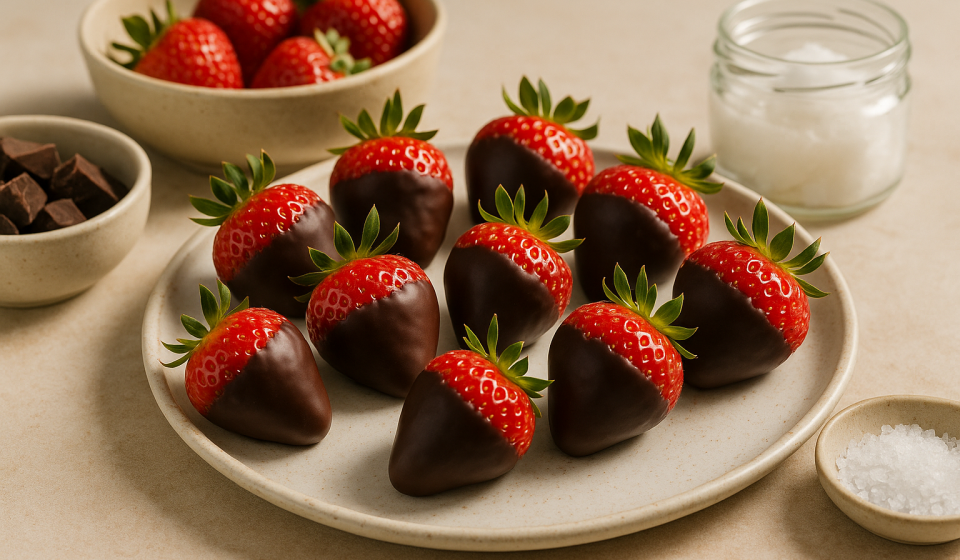 cannabis chocolate dipped strawberries finished recipe styled as the emotional anchor with warm editorial food photography
