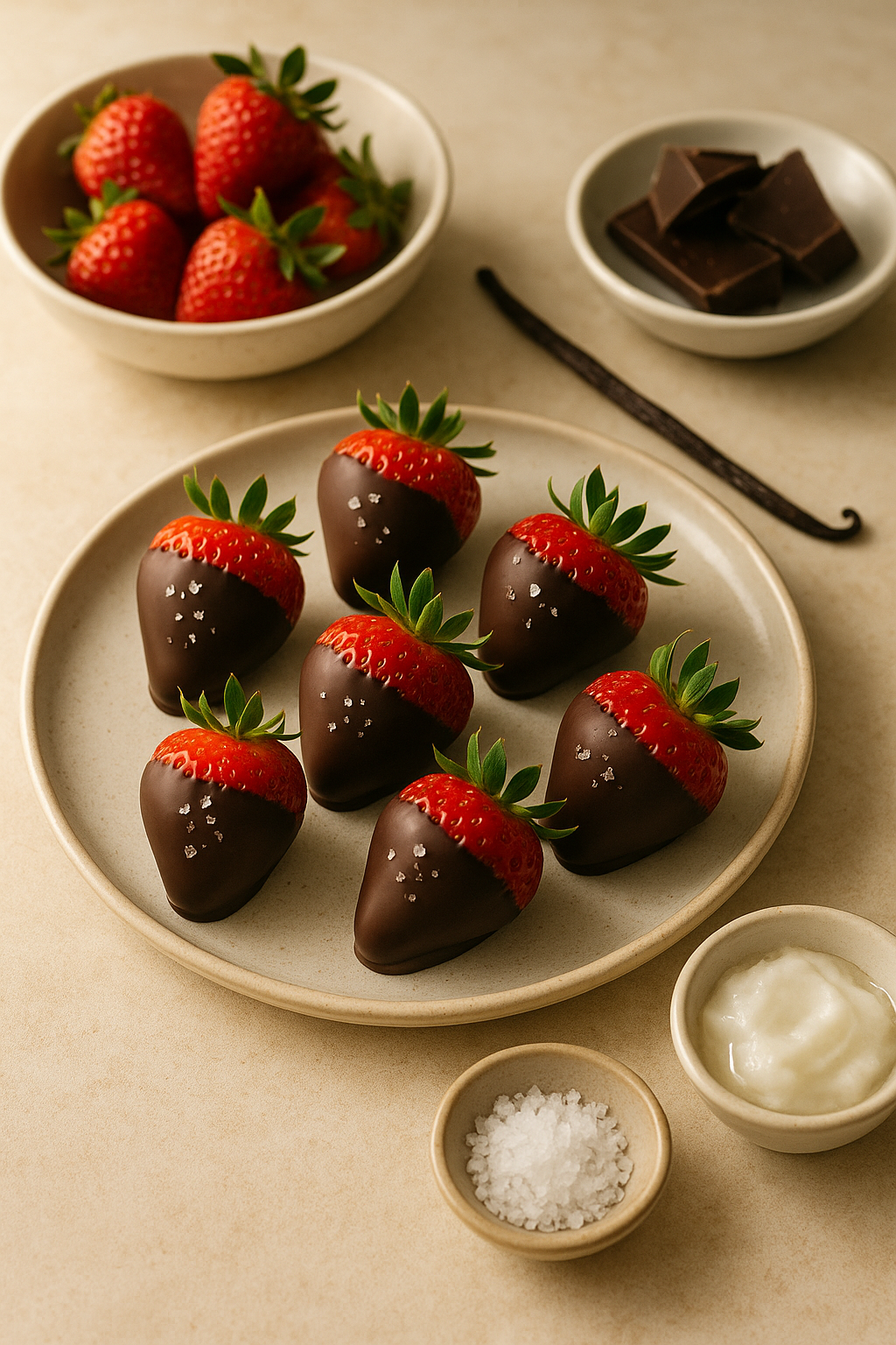 Finished cannabis chocolate-dipped strawberries chilled on parchment with a glossy dark chocolate coating
