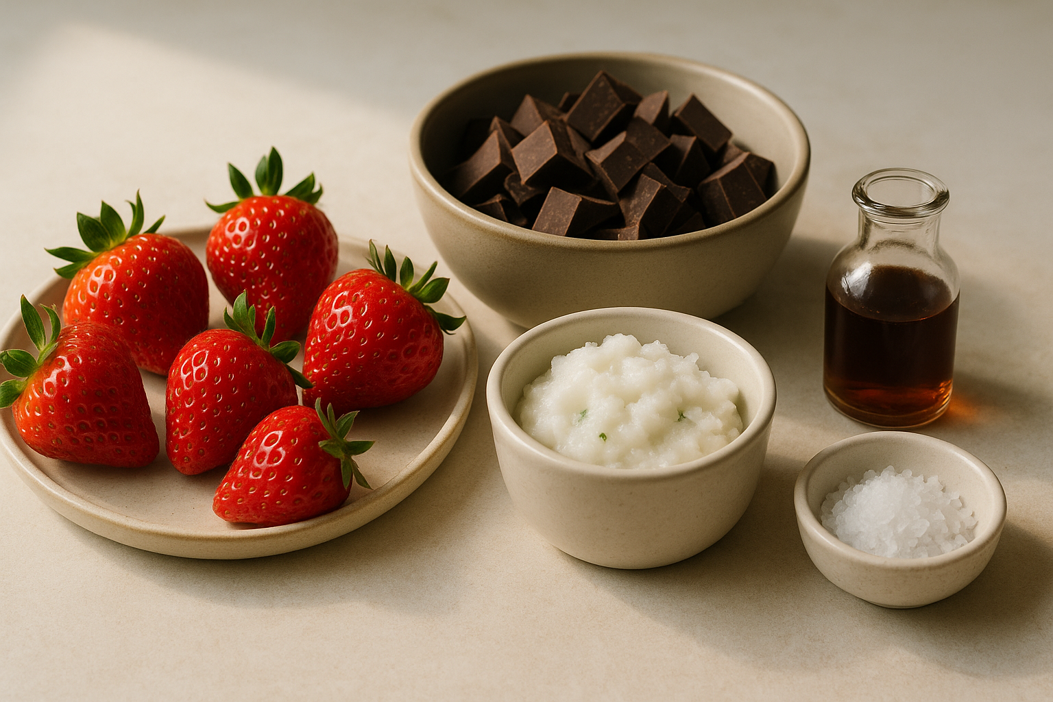 Ingredients for cannabis chocolate-dipped strawberries including fresh strawberries, dark chocolate, infused coconut oil, and flaky salt