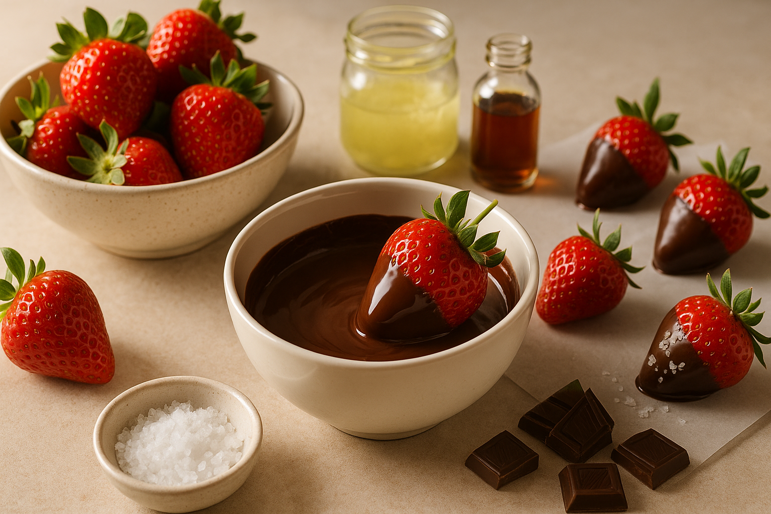 Dipping dry strawberries into melted cannabis chocolate on a parchment-lined tray