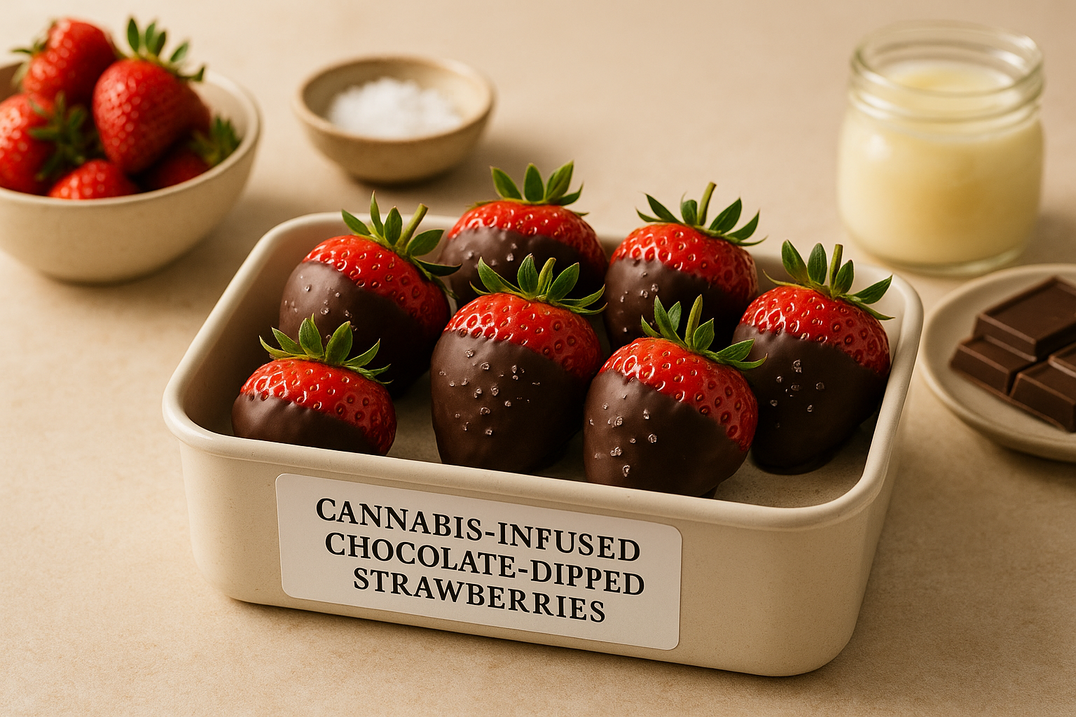Cannabis chocolate-dipped strawberries stored in a labeled container in the refrigerator
