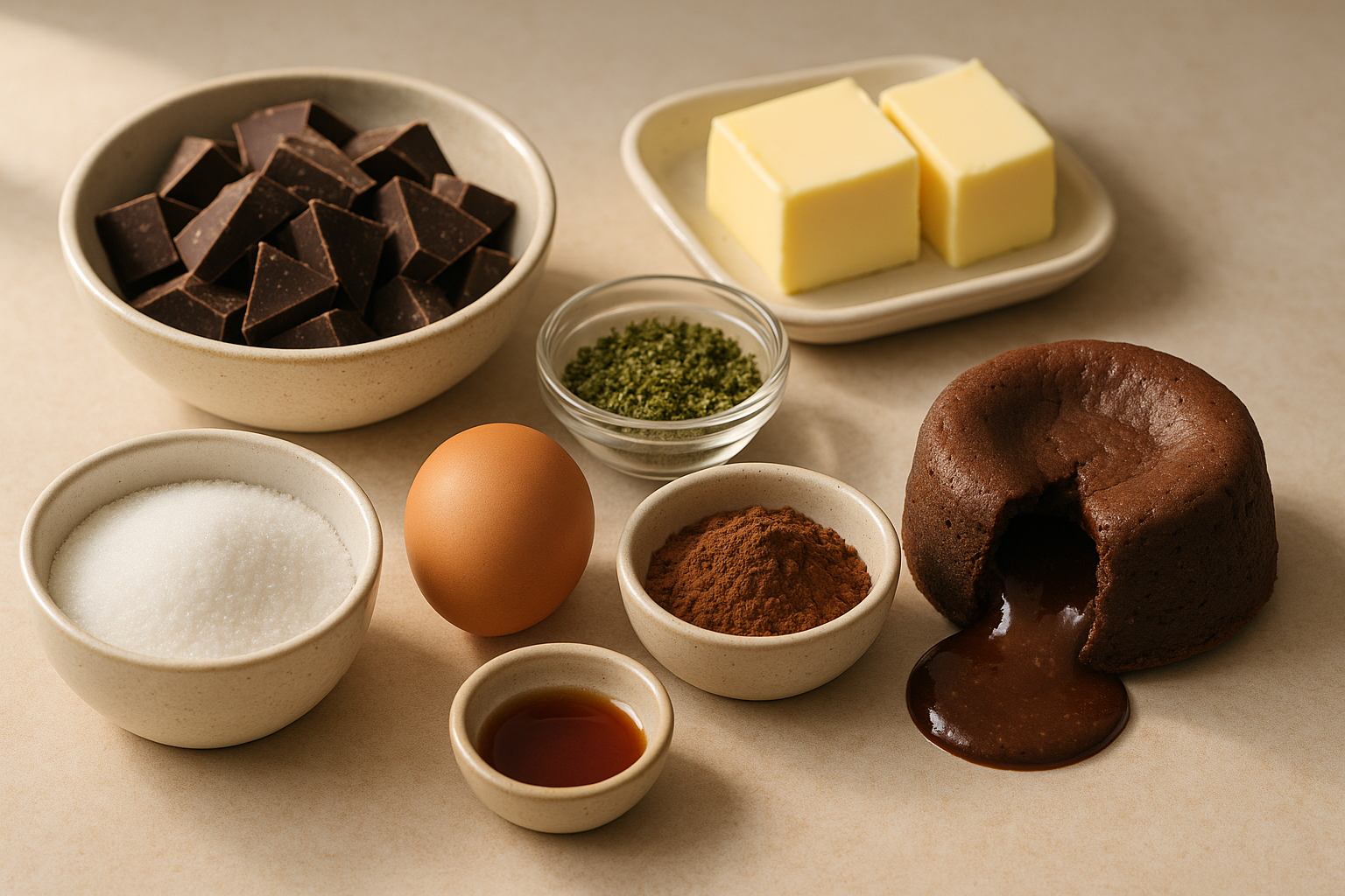 Ingredients for Cannabis-Infused Chocolate Lava Cakes including dark chocolate, vanilla, butter, cocoa, a warm molten center