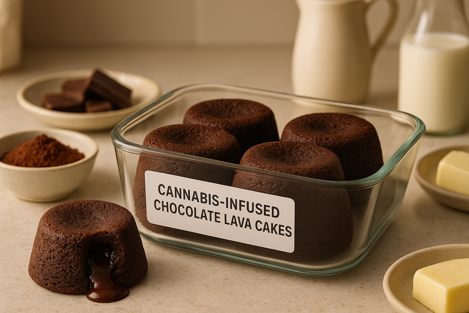 Cannabis-Infused Chocolate Lava Cakes stored in a clearly labeled container