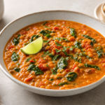 cannabis coconut lentil stew finished recipe styled as the emotional anchor with warm editorial food photography