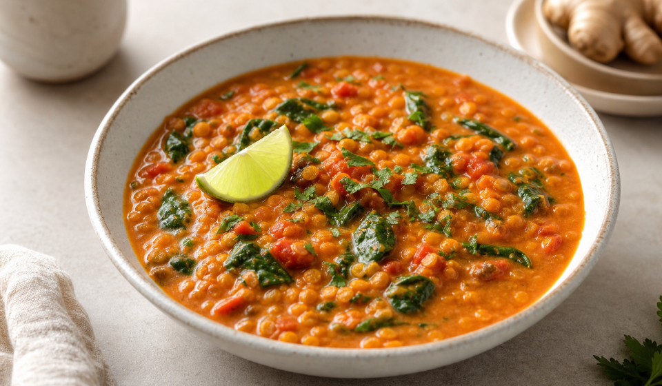 cannabis coconut lentil stew finished recipe styled as the emotional anchor with warm editorial food photography