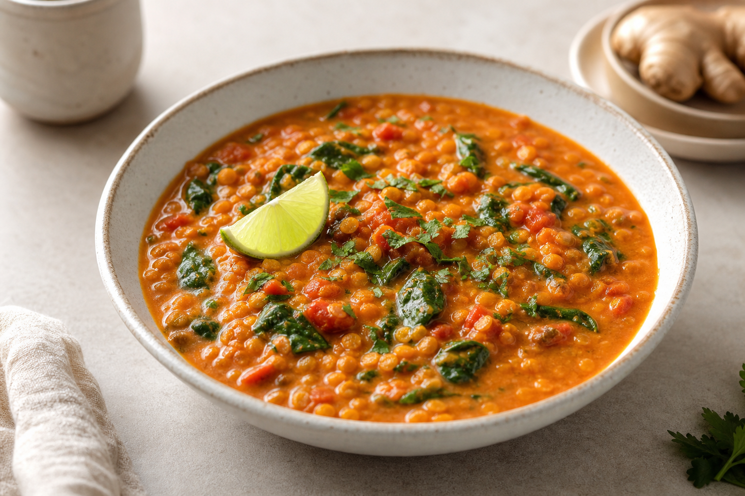 Finished cannabis coconut lentil stew divided into clear servings