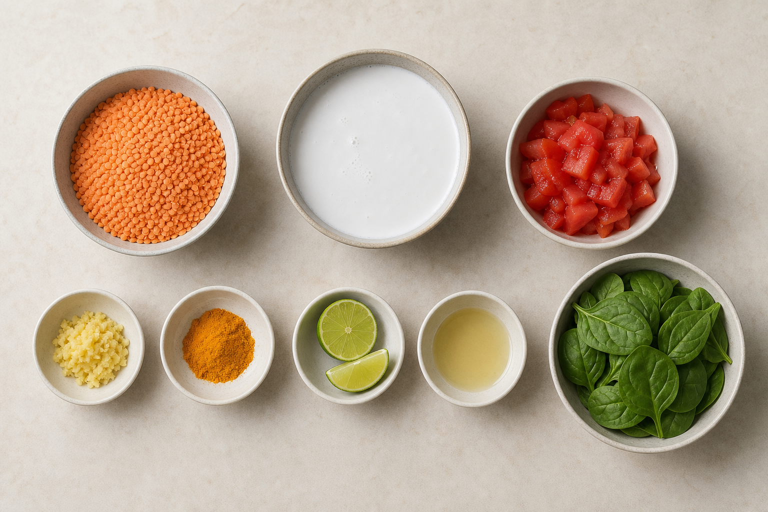 Measured ingredients for cannabis coconut lentil stew including red lentil, coconut milk, tomato, spinach