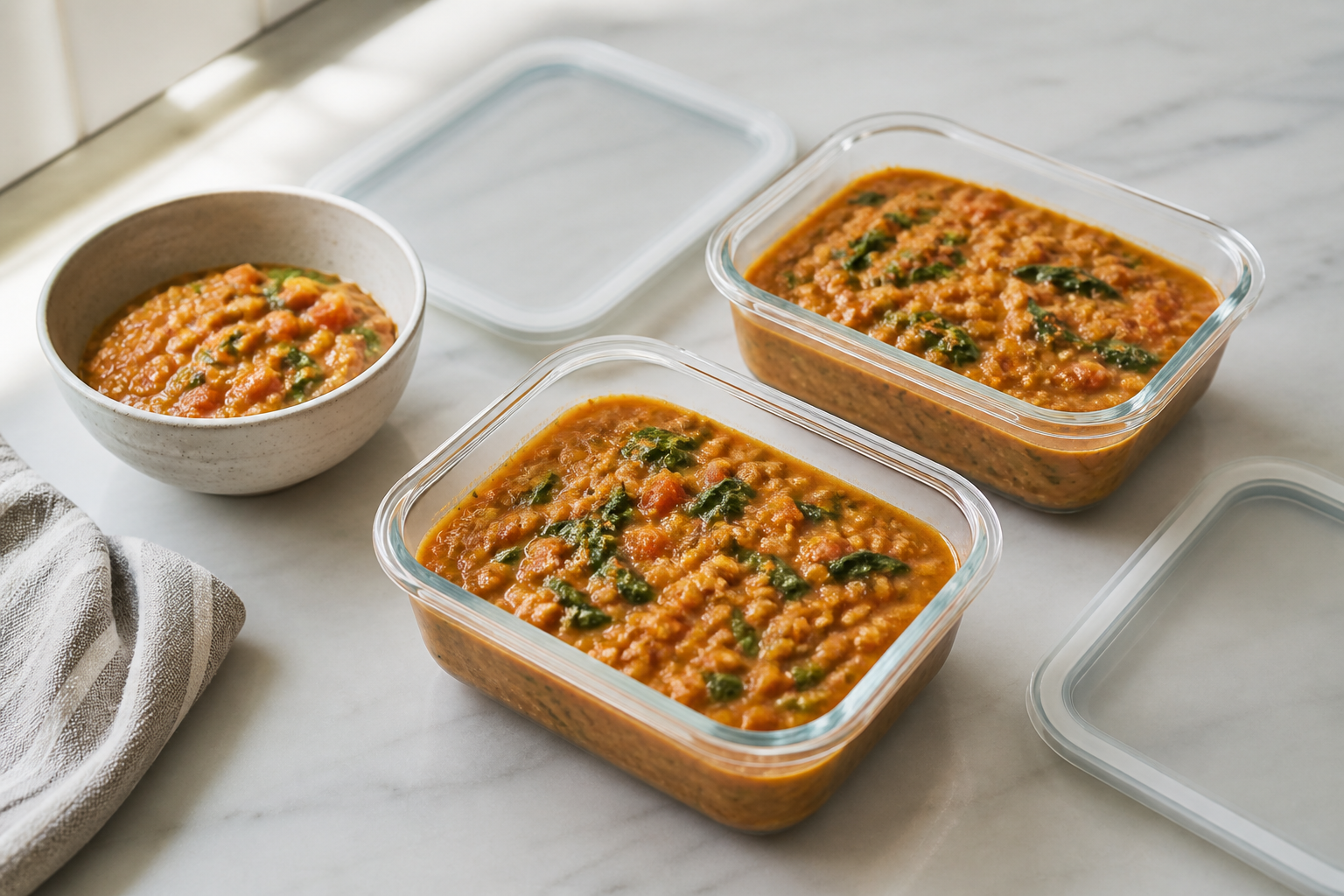 Labeled storage setup for cannabis coconut lentil stew
