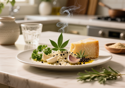 cannabis garlic herb parmesan sprinkle finished recipe styled as the emotional anchor with warm editorial food photography