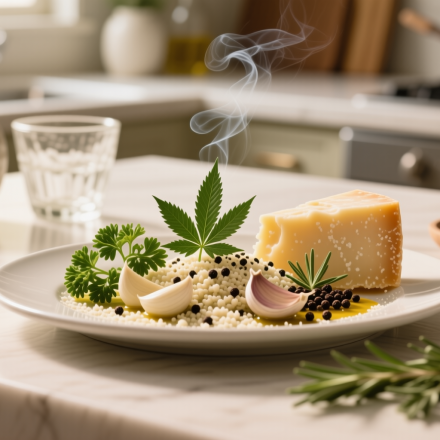 cannabis garlic herb parmesan sprinkle finished recipe styled as the emotional anchor with warm editorial food photography
