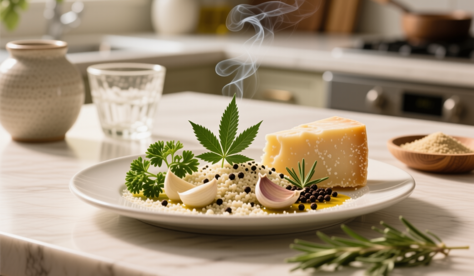 cannabis garlic herb parmesan sprinkle finished recipe styled as the emotional anchor with warm editorial food photography